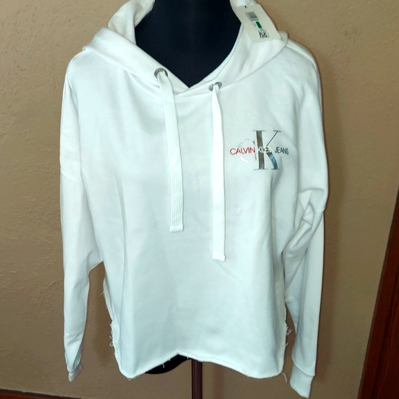 NWT Women's Calvin Klein Patriotic Crop Terry Cotton Hoodie - Picture 2 of 10